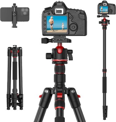 Штатив для камери XXZU 188 см, складаний, з кульковою головкою 360°, для DSLR, телефону, телескопа, чорно-червоний