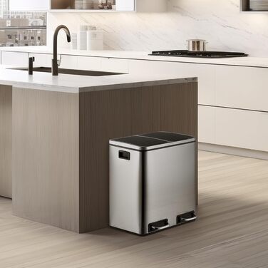 Відро для сміття LIFERUN з двома відсіками, 2 x 15 літрів, з нержавіючої сталі, м'яке закриття кришки, знімний внутрішній відро, ручки, відро для сміття з педаллю, для квартири, маленької сім'ї, сріблястого кольору