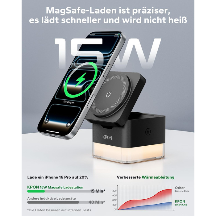 База для зарядки Apple Watch та iPhone KPON Magsafe 3-в-1, сумісна з iPhone 17/16/15/14/13/12/Air/Pro Max, Apple Watch 11/10/9, AirPods (Сірий/Чорний)