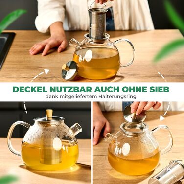 Neighbour's Friend® 1.5 L Glass Teapot for Loose Leaf Tea & Tea Bags - Teapot with Infuser Insert, Large, Drip-Free - 3-Piece Stainless Steel Infuser with Bamboo Lid Handle - Dishwasher-Safe Glass Teapot