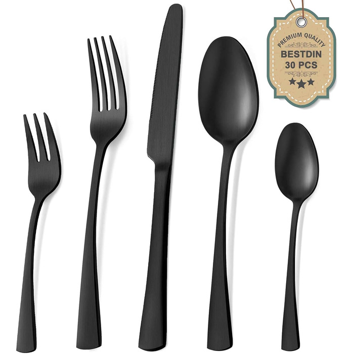 Bestdin Cutlery Set, 6 Persons, 30-Piece Stainless Steel Cutlery Set, Matte Black, Dining Cutlery Set with Knife, Fork, and Spoon, High-Quality Stainless Steel, Dishwasher Safe.