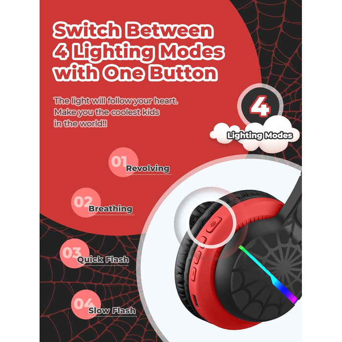 iClever Бездротові навушники для дітей з LED-підсвіткою, Over-Ear, Bluetooth 5.2, мікрофон, BTH12 (Чорний/Червоний)