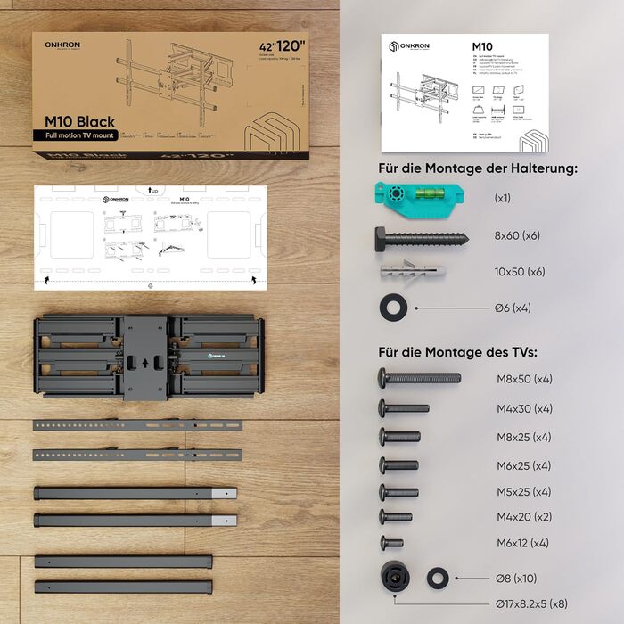 Кронштейн для телевізора ONKRON M10-B: поворотний, для телевізорів 42-120 дюймів, до 100 кг, VESA 1000x600, чорний