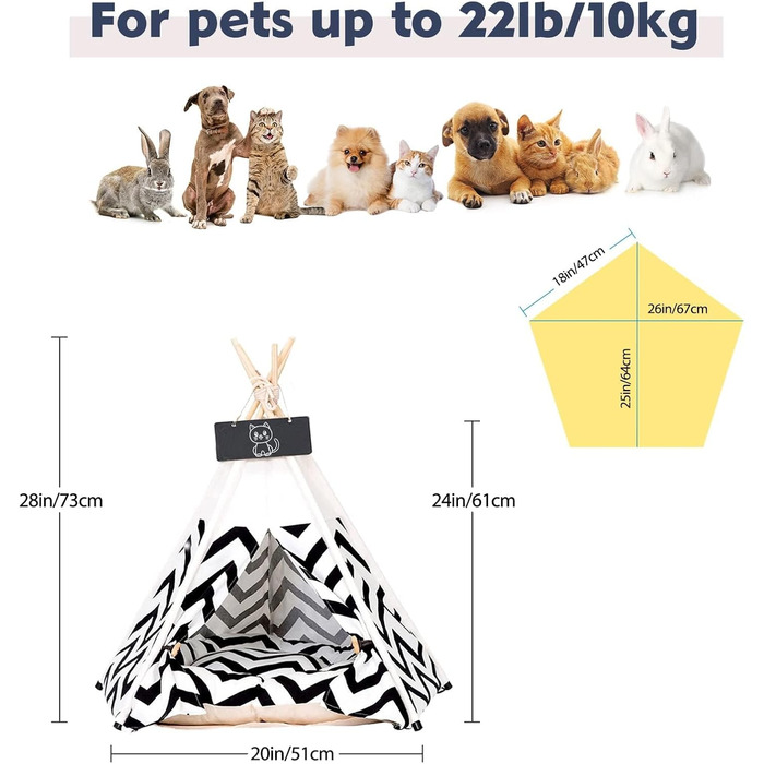Палатка для тварин Tipi, 60x60x70 см: ліжко для собак та котів з двостороннім килимком, знімний та пральний дизайн