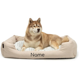 Lionto Dog Basket with Fluffy Reversible Cushion, Cozy Pet Bed in Heathered Design with Deep Entry for Dogs & Cats of All Sizes, 80x60 cm, Soft Dog Bed, (Beige, L 110 x W 80 x H 28 cm (with name tag))