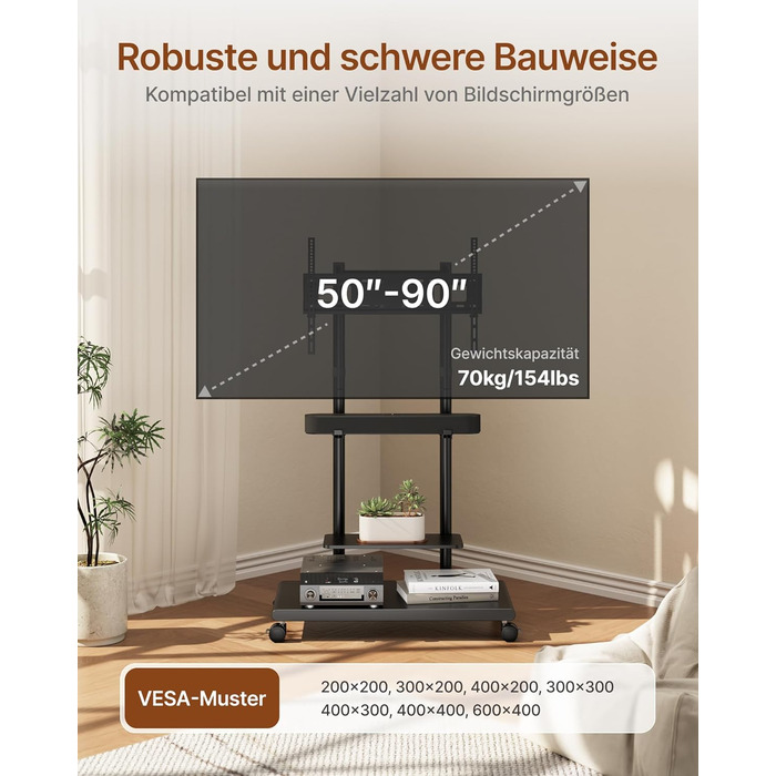 Підставка для телевізора на колесах з кріпленням для саундбару, 50-90 дюймів, до 70 кг, регульована висота та нахил, MAX VESA 600x400 мм