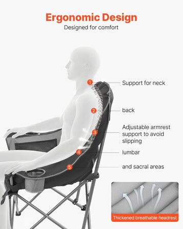 Кемпінговий стілець VEVOR великий, складний - до 204 кг, з підсклянниками, для риболовлі, пікніка, чорно-сірий