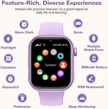 Дитячий розумний годинник зі GPS та телефоном, IP68, відеодзвінки, SOS, режим навчання, чат, SMS, ліхтарик, крокомір, будильник, годинник для дівчаток та хлопчиків, фіолетовий