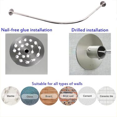 Регульована штанга для душу L-подібної форми без свердління, штанга для душу з нержавіючої сталі 304, розширювана кутова штанга для душу, для (Розмір:Колір) (C 90-130см x 90-130см, Срібло)