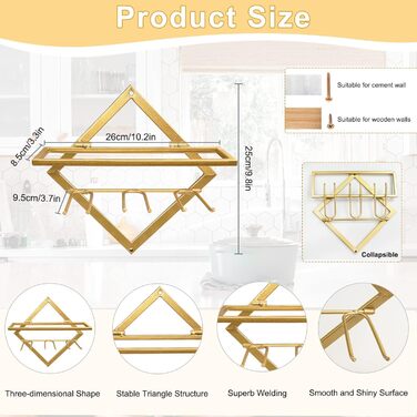 2pcs Metal Wall Mounted Wine Rack Stemware Glass Rack, Folding Wall Hanging Red Wine Shelf Organizer with 3 Stem Glass Holders, Black Wine Bottle Hanger for Home Kitchen Bar Wall Decor (Gold Bb)
