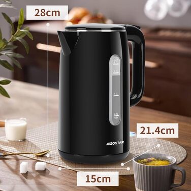 Електричний чайник Aigostar з нержавіючої сталі, чорний, 1.7 л, 2200 Вт - Швидкий кип'ятіння, подвійні стінки, без пластику, індикатор рівня води, автовимкнення, BPA-free, для кухні та офісу