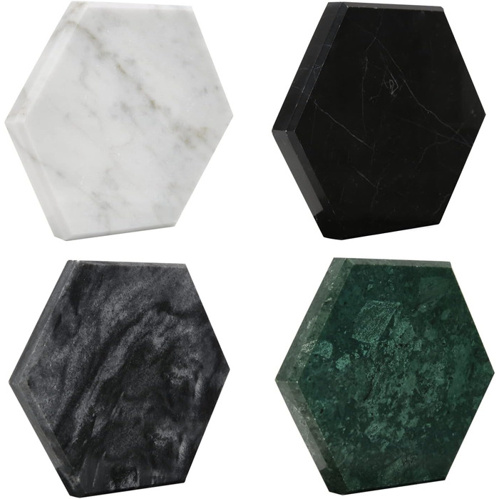 Marble Coasters for Drinks with Metal Stand for High-End Lifestyle (Set of 6) (Hexagonal, Emerald Green)