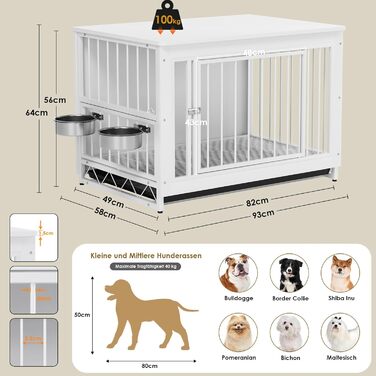 Клітка для собак для дому, дерев'яна собача будка 93x64x58 см, біла. Знімний піддон, 2 годівниці, двері. Для собак середніх та маленьких порід до 40 кг