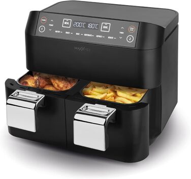 MAXXMEE аерофритюрниця з двома кошиками 7,6 л, цифрова, 2400 Вт, 6 програм, одночасне приготування двох страв