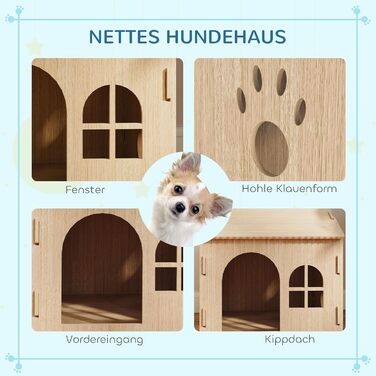PawHut Indoor Pet House with Window - Wooden Dog & Cat Bed, No-Screw Assembly, Small Pets Up to 4kg, Oak Finish