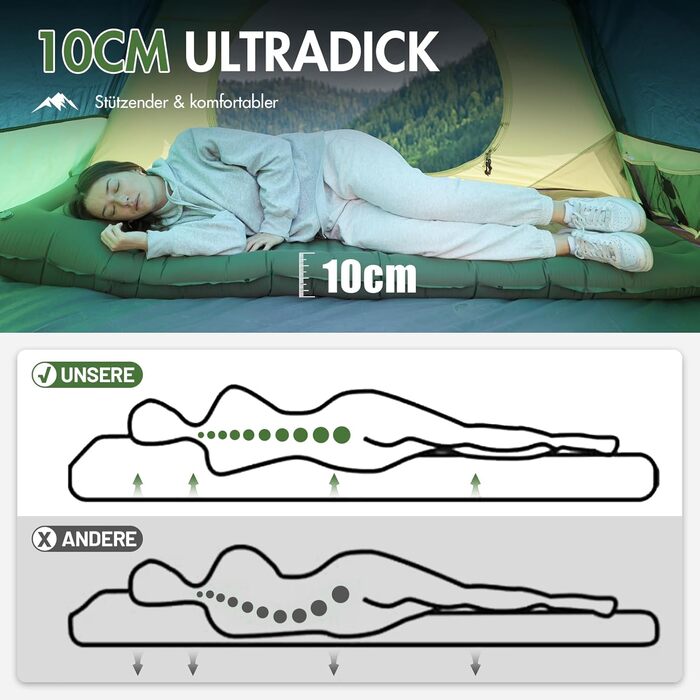 PORTAL Self-Inflating Camping Mat 10cm Thick Air Mattress Utraleicht with Foot Press Pump 18cm Thick Pillow Inflatable Mattress Outdoor Foldable Sleeping Mat 200*74cm for Camping Hiking Traveling