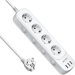 Мережева стрічка JSVER з індивідуальним керуванням, 4 розетки, 3 USB-порти (3680W, 16A), з вимикачем, 1.5м (біла)