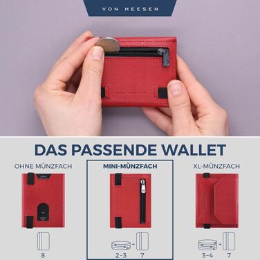 Шкіряний тонкий гаманець VON HEESEN з RFID захистом, компактний картхолдер для чоловіків та жінок, червоний (Saffiano), з міні-відсіком для монет