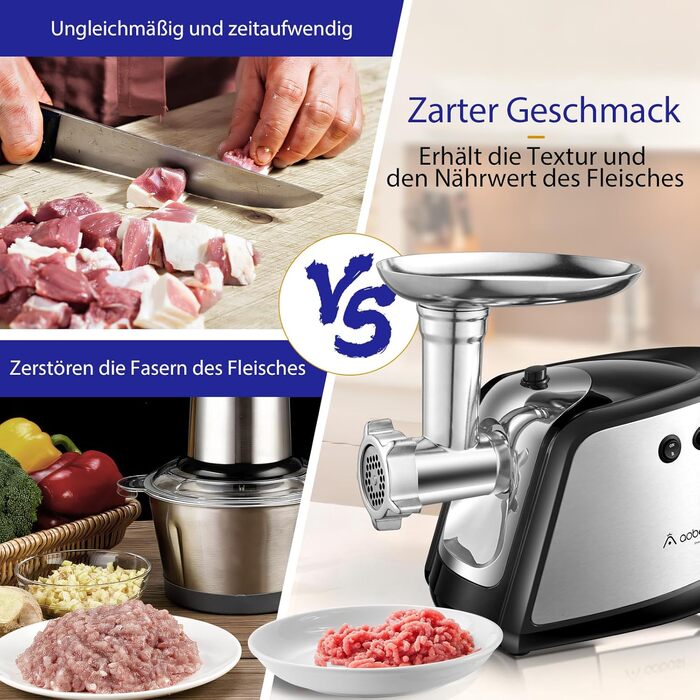 AAOBOSI #12 Heavy-Duty Electric Meat Grinder - 3000W, 2 Blades, 4 Plates, Sausage Maker Kit, Kibbeh Attachment, Burger Press