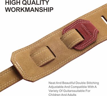 Гітарний ремінь Nefelibata з повного нубуку, 2,5 см шириною, з м'якою підкладкою та петлею для кабелю, для акустичної, бас та електрогітари (Jujube Red)