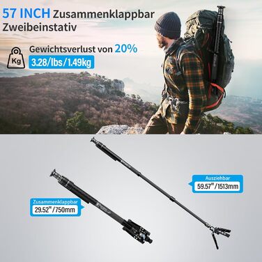 SIRUI SVM-145 монопод для камери з ніжками, 145 см, карбонове, для DSLR/Camcorder, до 10 кг