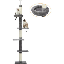 Комплекс для котів PAWZ Road, 5-ярусний, від підлоги до стелі, регульована висота, багатофункціональний: кігтеточка, ліжко, іграшка-кулька (сірий)