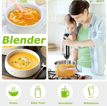 Bonsenkitchen Immersion Blender, 4-in-1 Electric Stick Blender, 1000W Variable Speeds, Stainless Steel, Whisk, 500ml Chopper and 700ml Measuring Cup for Baby Food, HB3203 (Black)