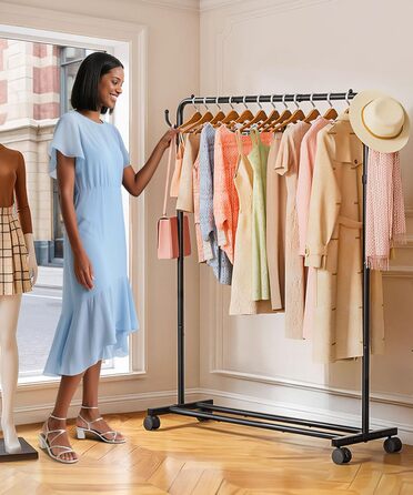 Стійка для одягу на колесах Yorbay: міцна металева вішалка з полицею для багажу. Компактна вішалка для спальні, пральні, магазину (Чорний, 117.5 см)