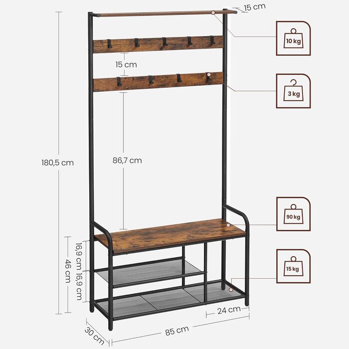 VASAGLE Coat Rack, Coat Stand, Clothes Rack with 9 Hooks, Shoe Bench, Shelf, 30 x 85 x 180.5 cm, for Entryway, Bedroom, Small Apartments, Industrial Design, Vintage Brown-Black HSR409B01