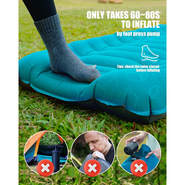 Надувний килимок для кемпінгу - самонадувний, товстий, з подушкою, для рюкзаків, трекінгу, подорожей - блакитний