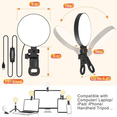 LED кільцева лампа для смартфона та ноутбука, світло для селфі з 3 колірними температурами та 5 рівнями яскравості, USB світло для відеоконференцій, Zoom, YouTube, TikTok, макіяжу, фотографії