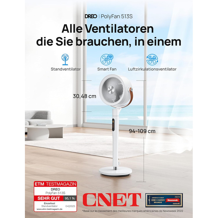 Dreo PolyFan 513S: Тихий розумний вентилятор з широким охопленням та 6 режимами