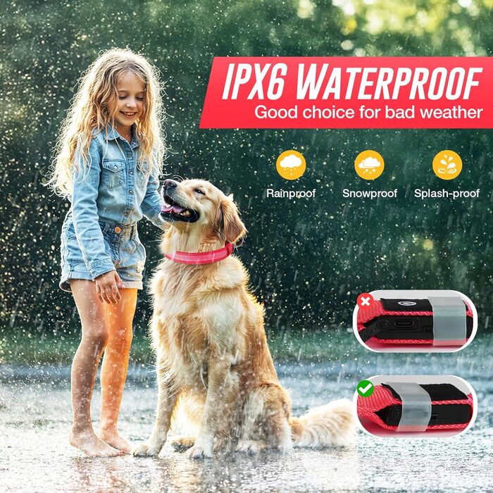 Світлодіодне нашийник для собак Jewyow 7 в 1, перезаряджається USB-C, водонепроникний, червоний (M)