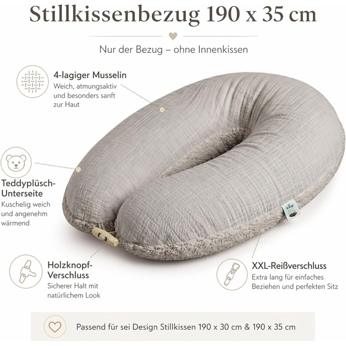 Подушка для вагітних та годування Sei Design XXL 190x35 см з мусліновим покривалом, ергономічна, для сну на боку, з органічної бавовни (Taupe)