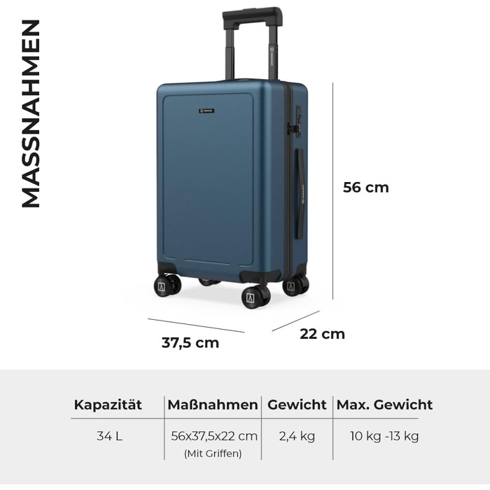 Чемодан ручної об'єм NUMADA PackPro T20 (56x37x22 см) з TSA-замком та 4 колесами. Жорсткий кейс з внутрішніми відділеннями, світлом, стійкий (Блакитний)