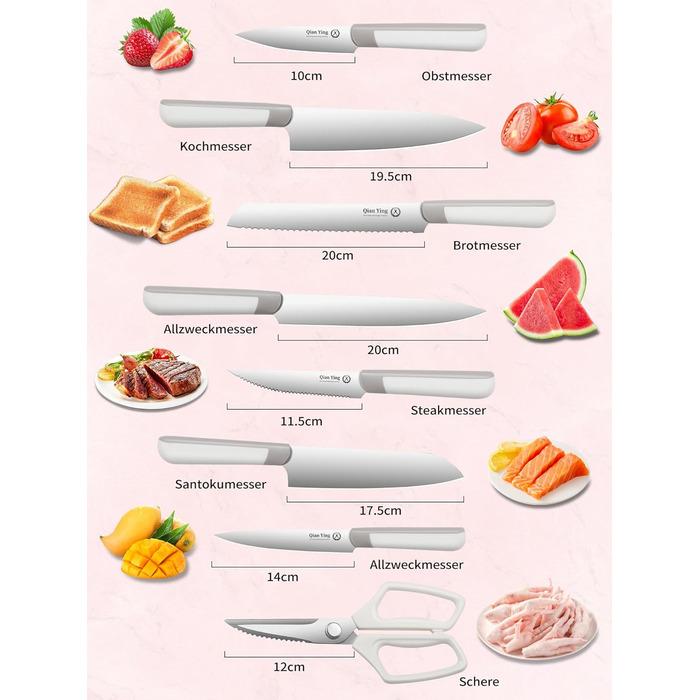 Набір кухонних ножів Qianying з блоком: 14 предметів, нержавіюча сталь, з точилкою, срібний колір, подарунок для мами
