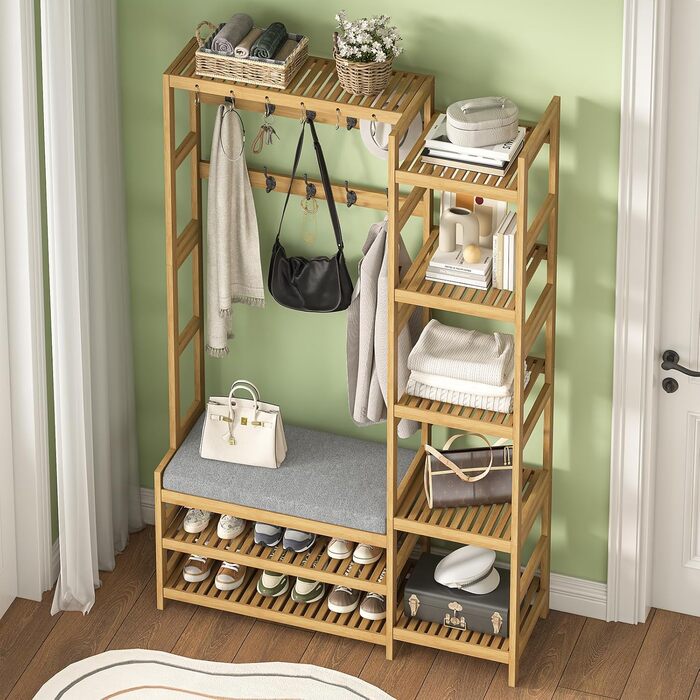 VIAGDO Wardrobe with Shoe Bench, Clothes Rack with 5 Storage Shelves, Wardrobe with Shoe Shelf, 10 Double Hooks, Entryway Wardrobe for Hallway and Bedroom 104x33x175 cm (104 x 33 x 175 cm)