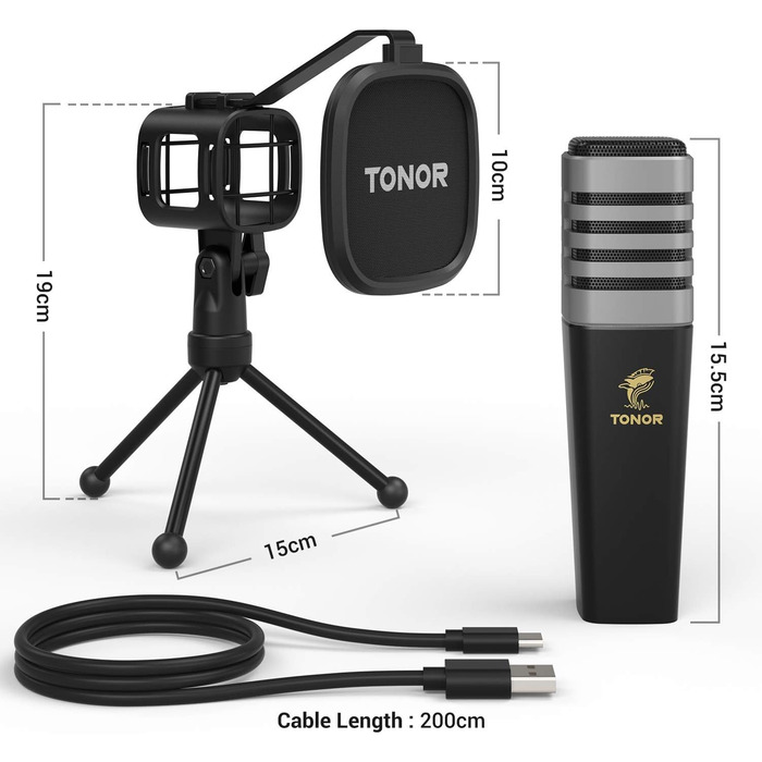 USB мікрофон TONOR TC30 з ниркової характеристики, для комп'ютера, стрімінгу, подкастингу та запису голосу. Комплект: стійка, поп-фільтр, мікрофонна павутина