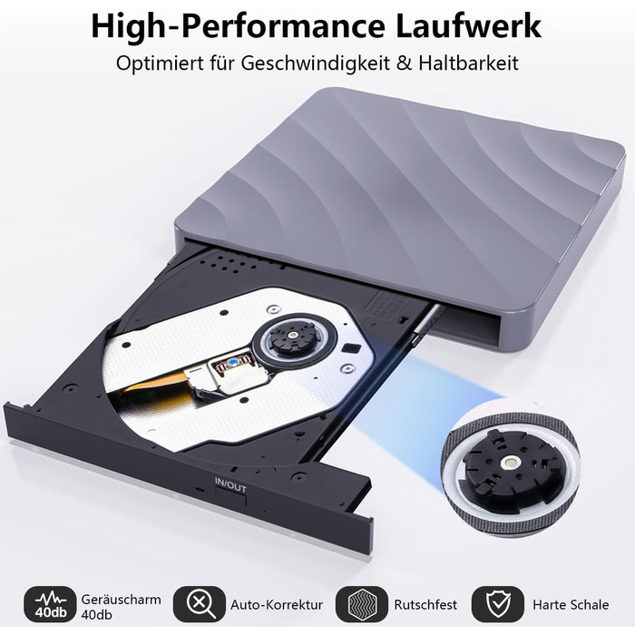 Зовнішній USB DVD/CD привід-записувач для ноутбука та ПК, оптичний накопичувач +/-RW ROM для Windows, MacOS, Linux (сірий/сріблястий)