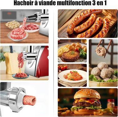 Electric Meat Grinder 2800W 3-in-1 Stainless Steel Meat Grinder with 3 Plates (3mm, 5mm, 7mm) Kubbe Attachment & Sausage Stuffer - 80kg/hr