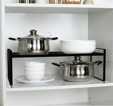 KZOBYD Expandable Kitchen Shelf, Foldable Kitchen Cabinet Shelf Spice Rack Organizer for Dishes and Supplies Stackable Kitchen Storage Organizer for Extra Storage Space (White, ) (Black, Large)
