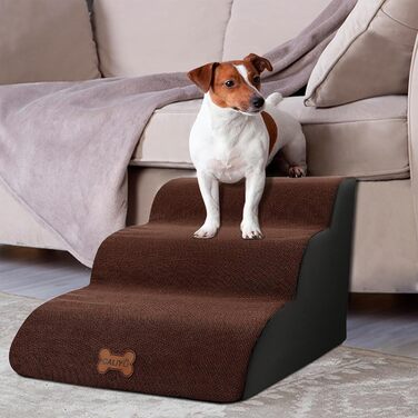 Сходинки для собак Caliyo 3 ступені, для маленьких собак та котів, 40 см, знімний чохол, антиковзаюча поверхня, для ліжка, дивану, авто (60×40×40см), коричневі