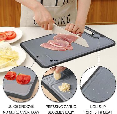 Cutting Board Set, Plastic Cutting Boards with Juice Grooves and Non-Slip Feet, Easy-Grip Handles, BPA-Free, Non-Porous, Kitchen Cutting Boards for Meat, Vegetables, Fruit, Seafood (3-Pack)