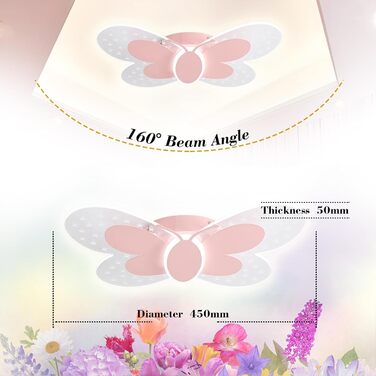 LED Ceiling Light Pink Butterfly Ceiling Lamp Dimmable with Remote Control, Night Light Function, Children's Room Bedroom Living Room Hallway Boys and Girls Bedroom Ceiling Lights 45cm