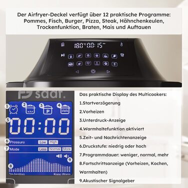 Мультиварка Saaf з Airfryer – 15-ти частинний набір, 24 програми – мультиварка, рисоварка, пароварка, сковорода-каструля – 6л – з корзиною, каструлею та кулінарною книгою – цифровий дисплей