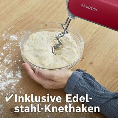 Ручний міксер Bosch MFQ40303: 500W, 5 швидкостей + Turbo, 2 віська, 2 гаки для тіста, нержавіюча сталь, темно-червоний/срібний