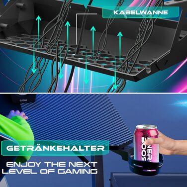 Ігровий стіл KESSER Gaming Z-подібний, 160x60 см, з карбоновим покриттям, підставкою для напоїв та гачком для навушників, чорний