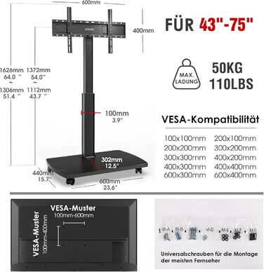 AOKCOS Rolling TV Stand with Shelf - Adjustable Height & Swivel - Fits 43-75 inch TVs (up to 50kg) - VESA 600x400mm - White & Natural Wood Finish