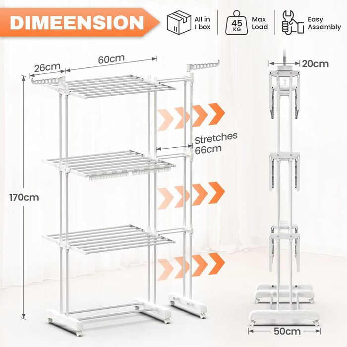 Сушарка для білизни Huracan 2в1: тур, розкладна, висувна, 3 яруси, з тримачами для шкарпеток та білизни (біла)