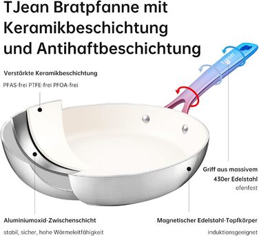 Набір сковорідок з керамічним антипригарним покриттям Tjean (без PTFE, PFOA, PFAS) з нержавіючою ручкою, підходить для індукційних, газових, електричних плит та духовки до 280°C (кремовий, 20+24+28 см)